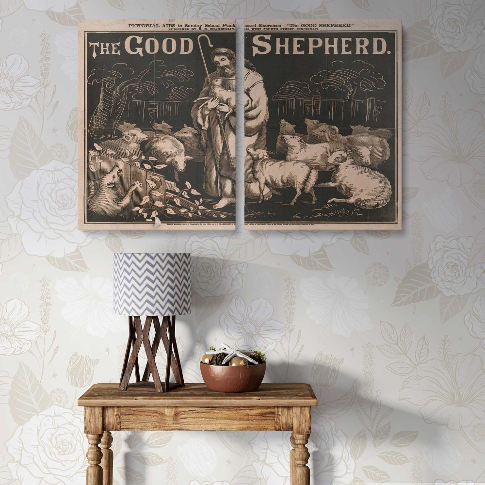 The Good Shepherd Vintage Christian Illustration canvas wall art in room setting 7
