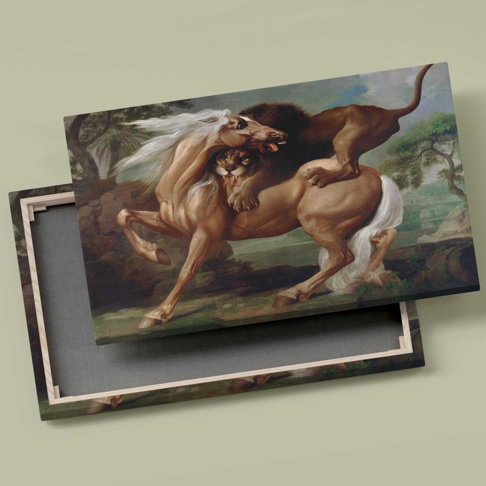 A Lion Attacking a Horse canvas front and rear frame view