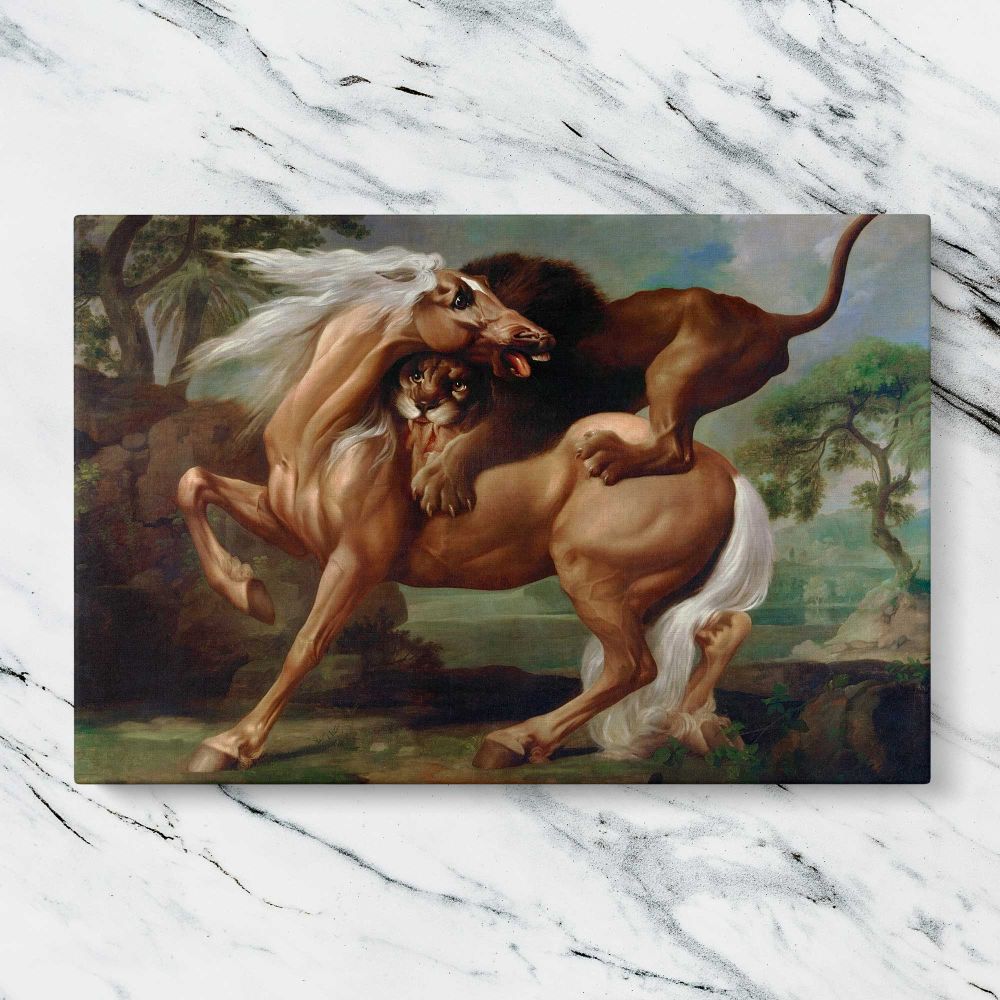 A Lion Attacking a Horse canvas artwork displayed on a marble background