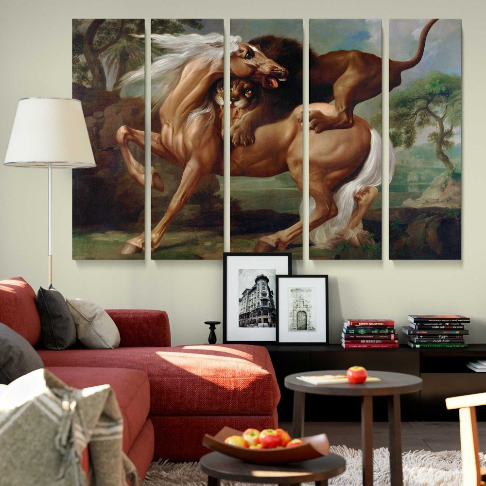 A Lion Attacking a Horse canvas wall art in room setting 6