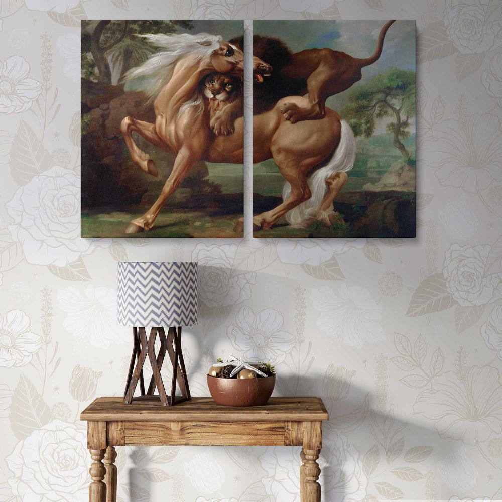 A Lion Attacking a Horse canvas wall art in room setting 7