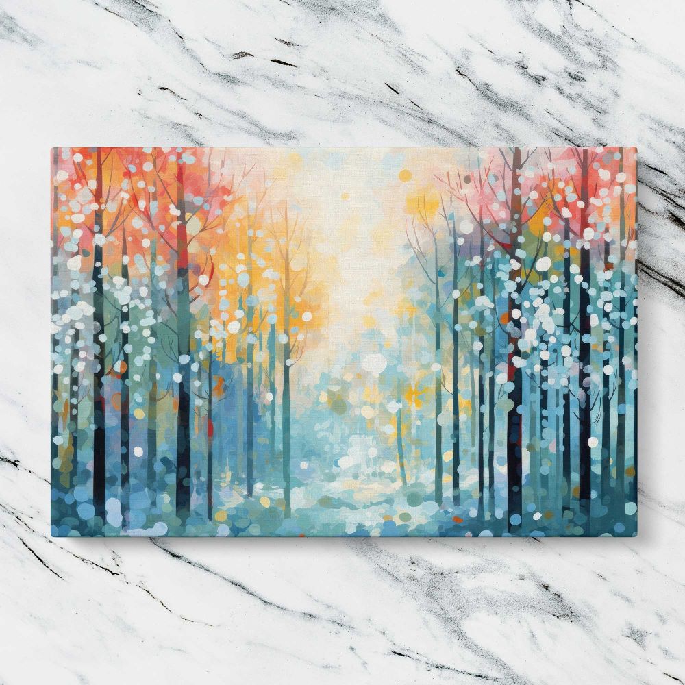 Colourful Snowy Forest canvas artwork displayed on a marble background
