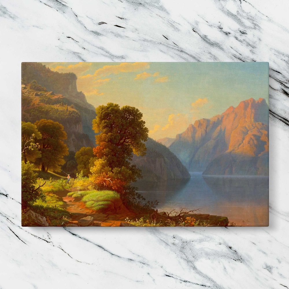 A View of a Lake in the Mountains canvas artwork displayed on a marble background