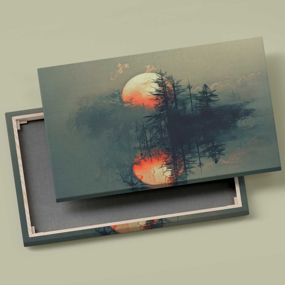 Orange Moon over a Misty Forest Lake canvas front and rear frame view