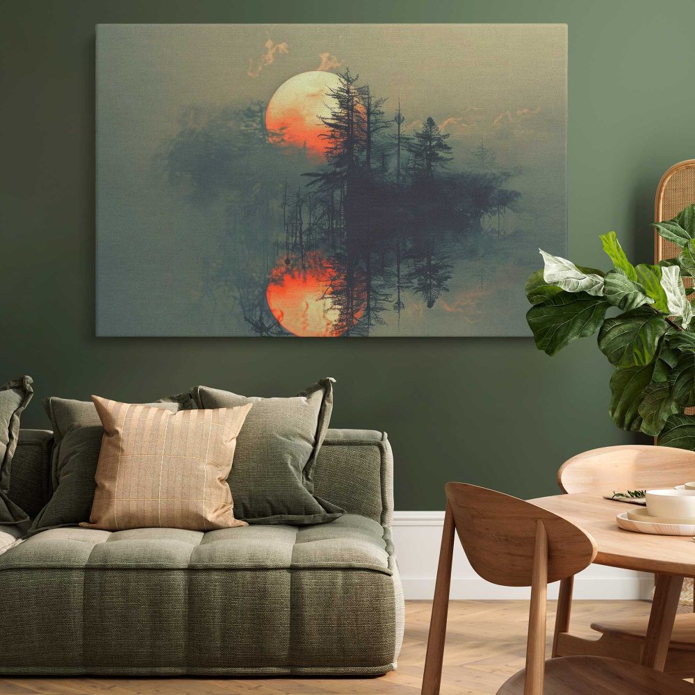 Orange Moon over a Misty Forest Lake canvas wall art in room setting 4