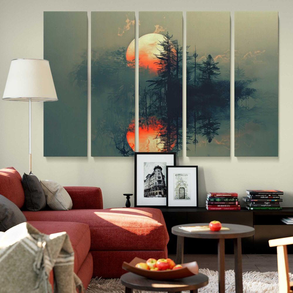 Orange Moon over a Misty Forest Lake canvas wall art in room setting 5