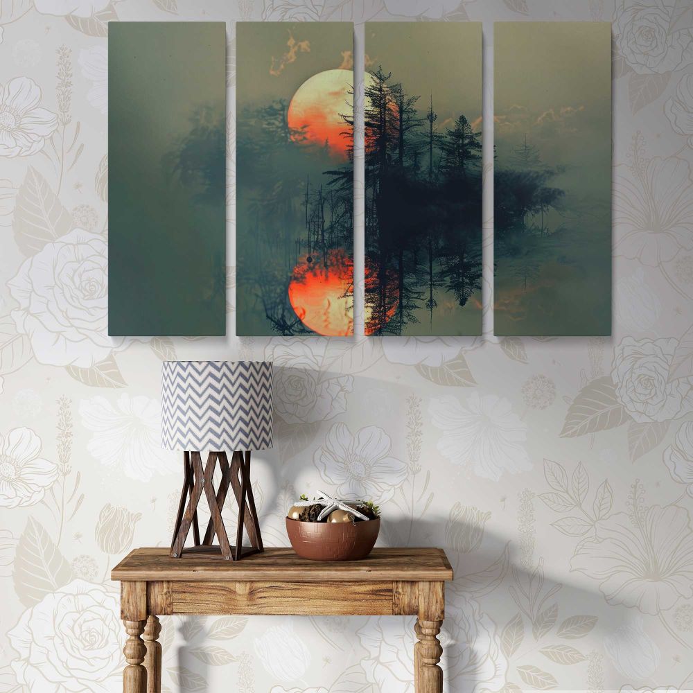 Orange Moon over a Misty Forest Lake canvas wall art in room setting 6