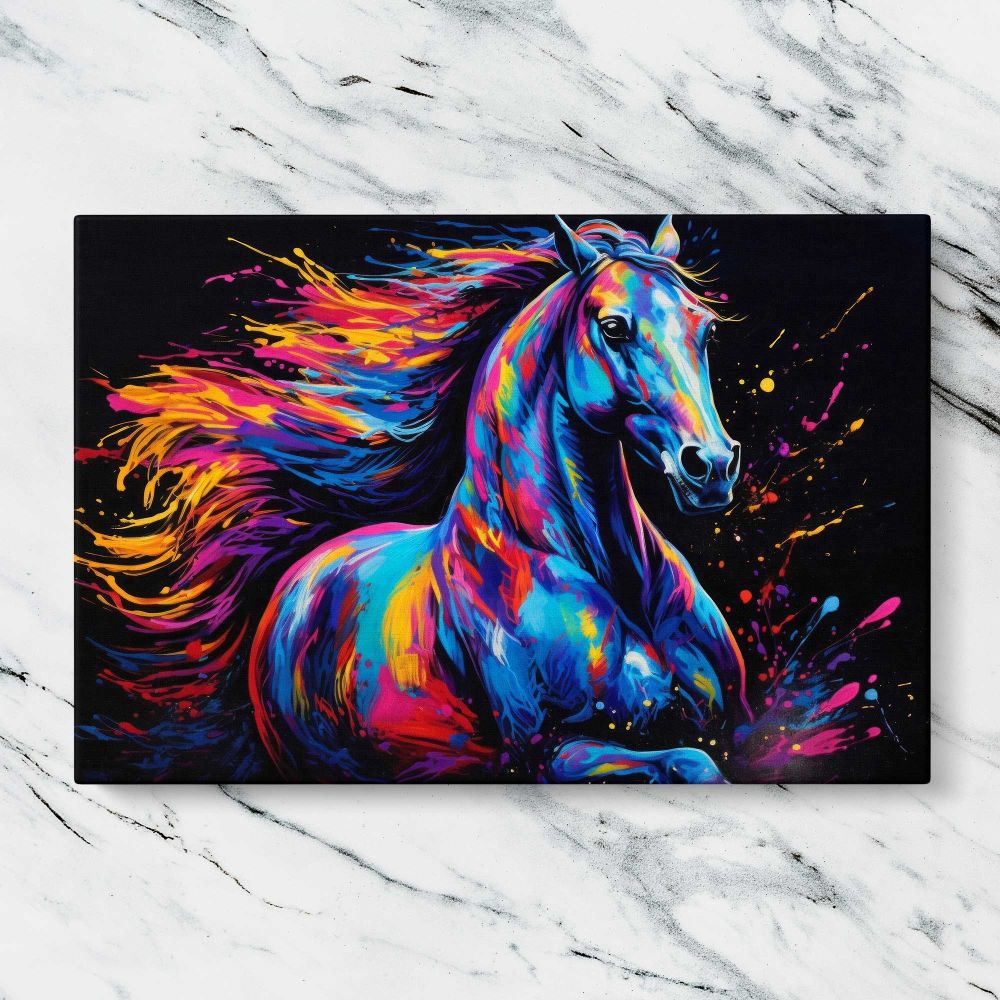 Colourful Horse on Black canvas artwork displayed on a marble background