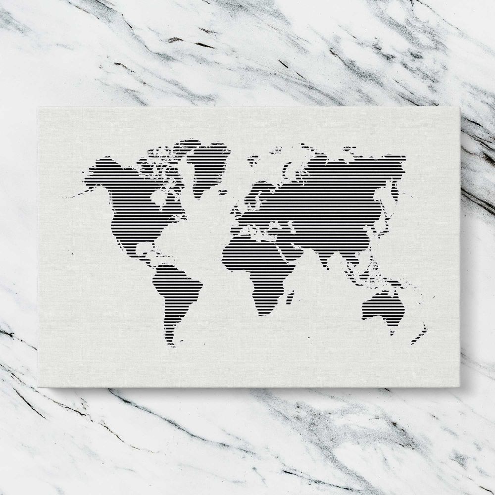 Black Striped World Map canvas artwork displayed on a marble background
