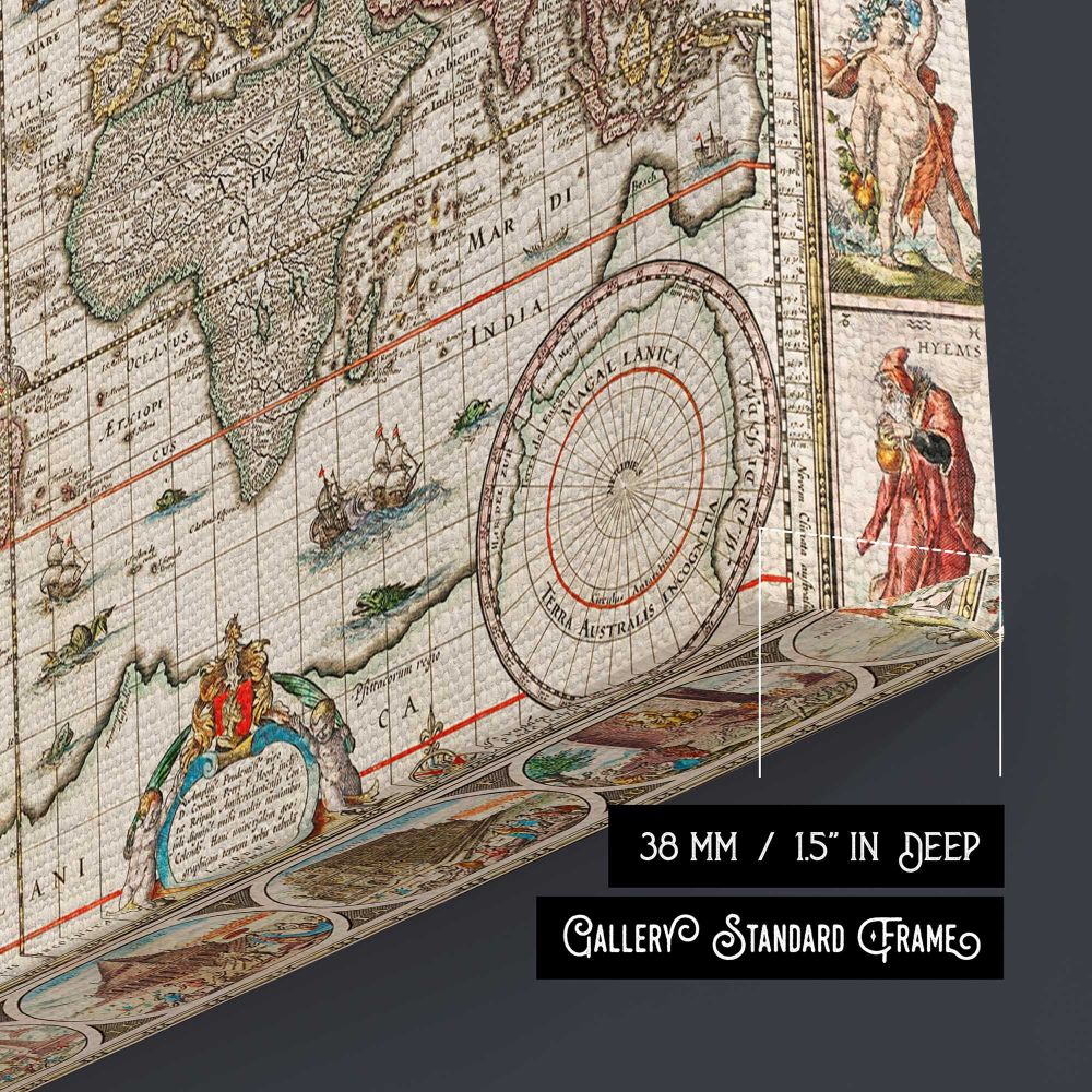 Decorative Antique World Map canvas texture and wrapped edge closeup