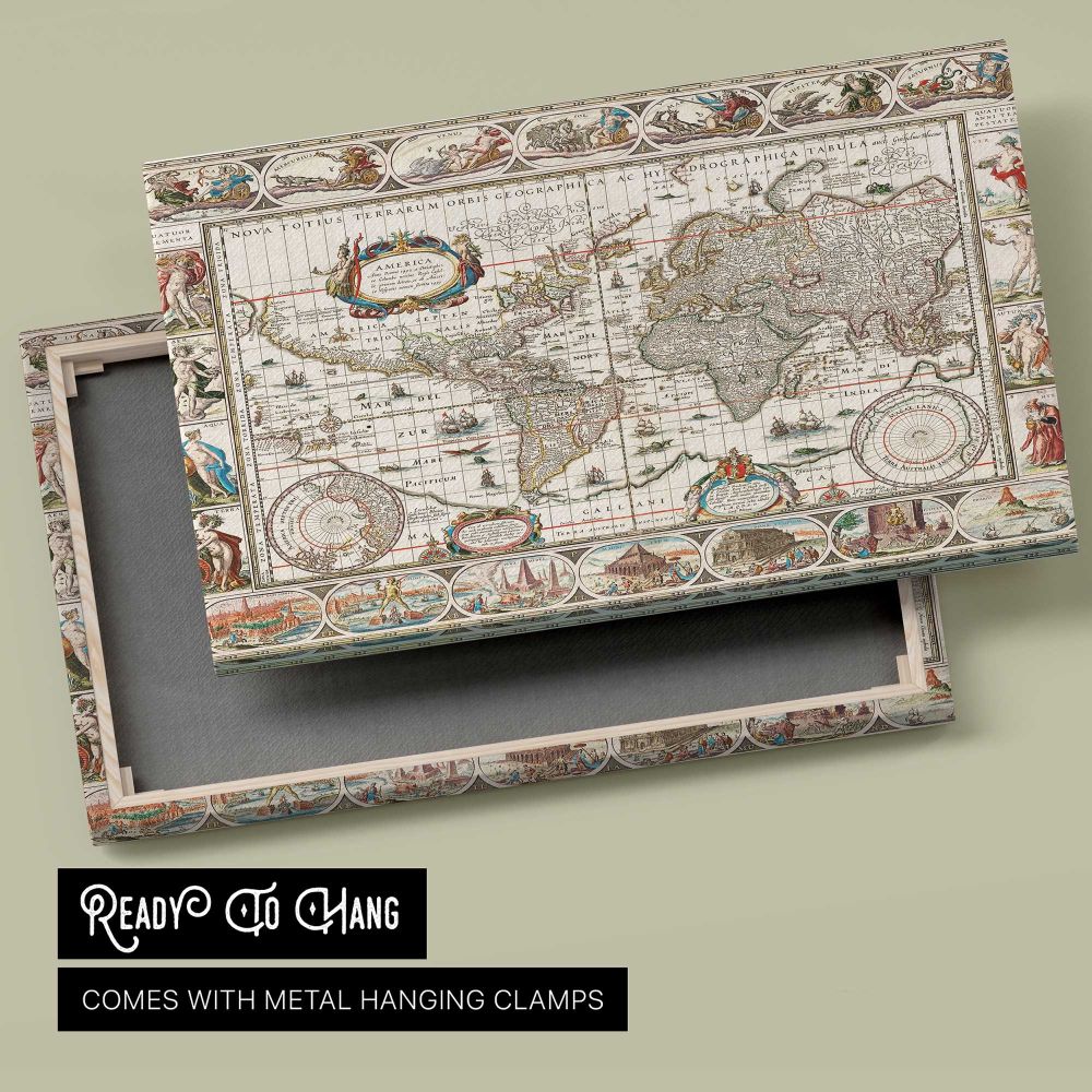 Decorative Antique World Map canvas front and rear frame view