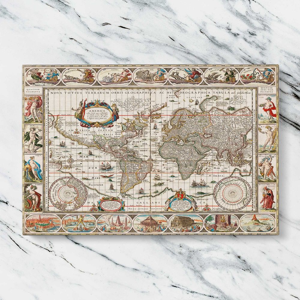 Decorative Antique World Map canvas artwork displayed on a marble background