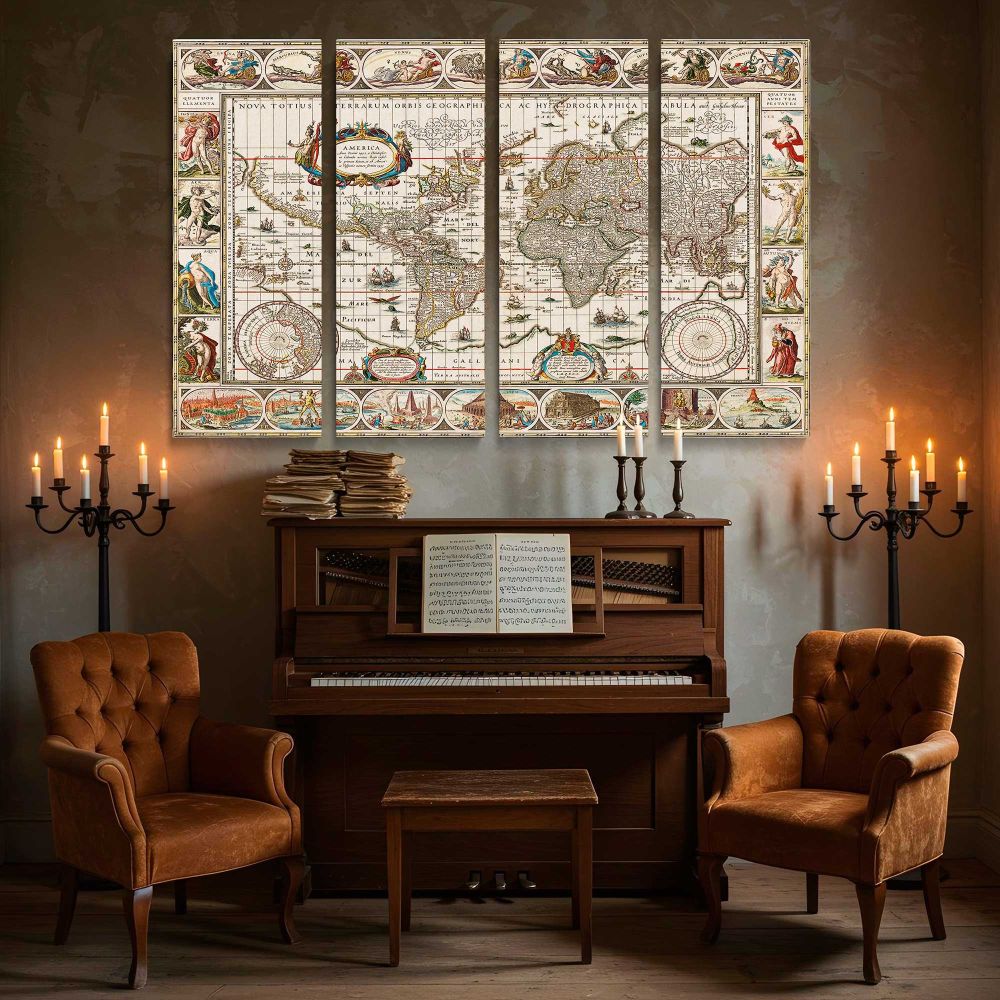 Decorative Antique World Map canvas wall art in room setting 5