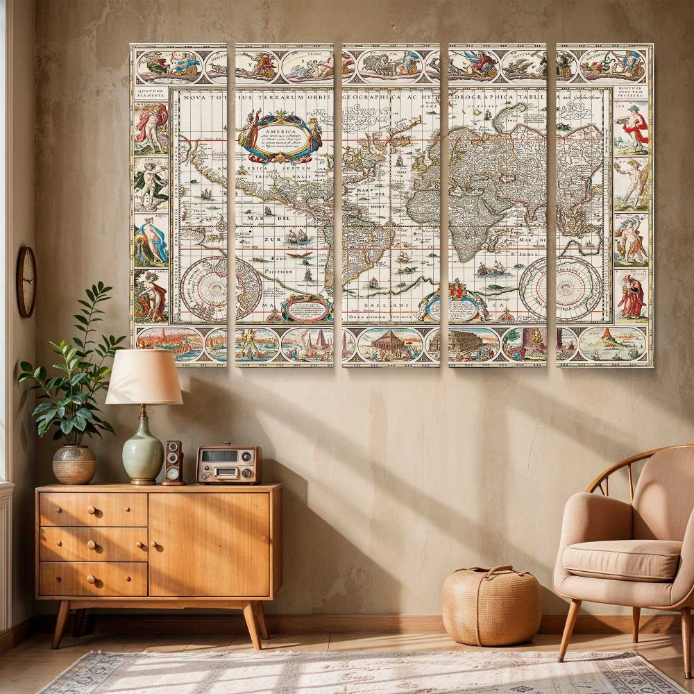 Decorative Antique World Map canvas wall art in room setting 6