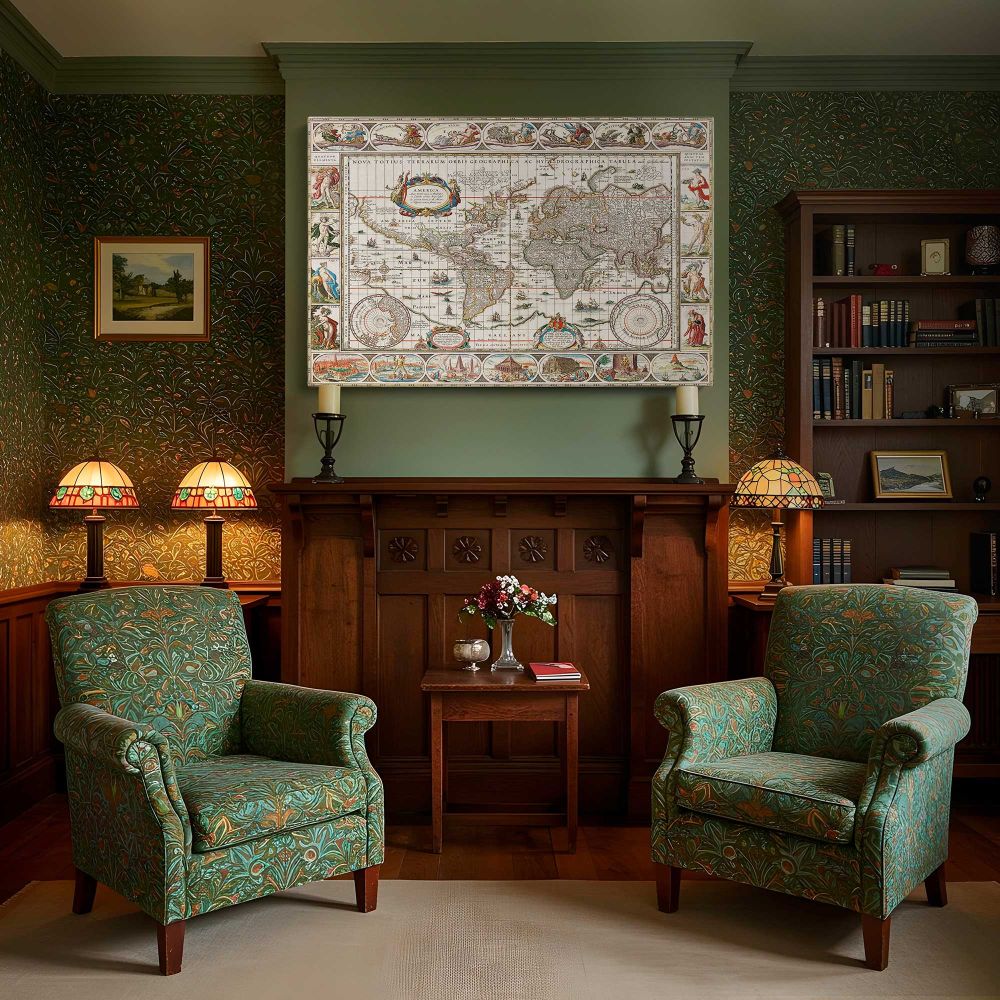 Decorative Antique World Map canvas wall art in room setting 7