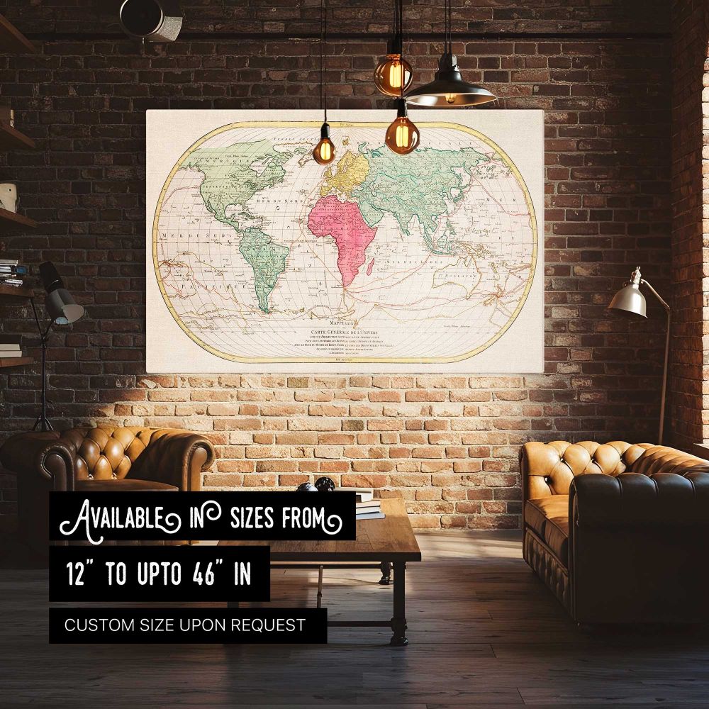 Vintage Oval World Map canvas wall art in room setting 4