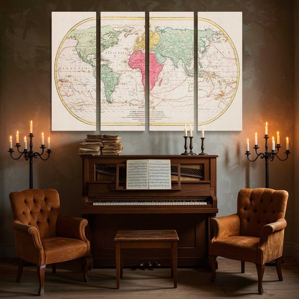 Vintage Oval World Map canvas wall art in room setting 5