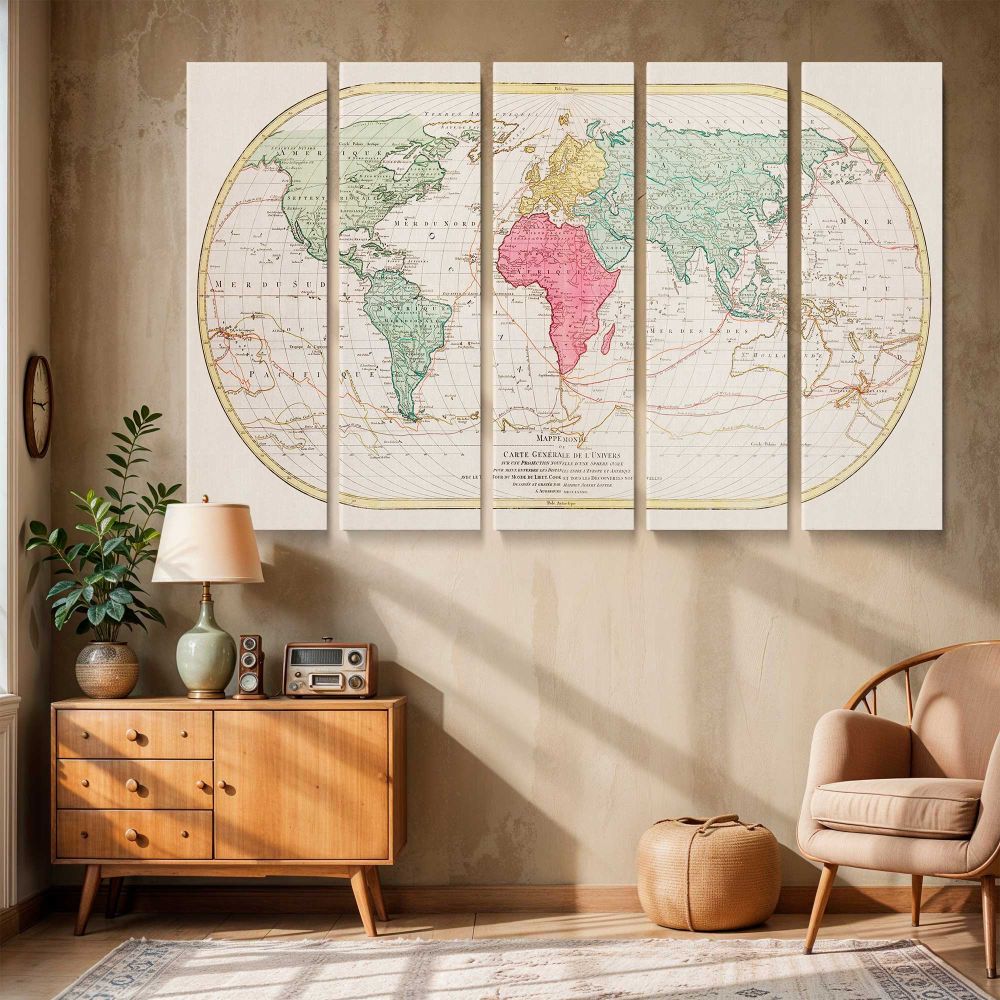 Vintage Oval World Map canvas wall art in room setting 6