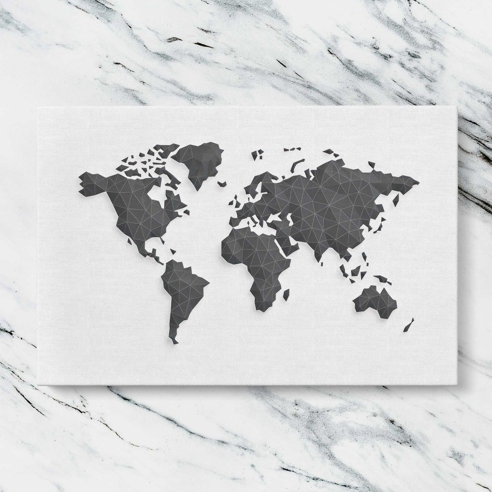 Black Geometric World Map canvas artwork displayed on a marble background
