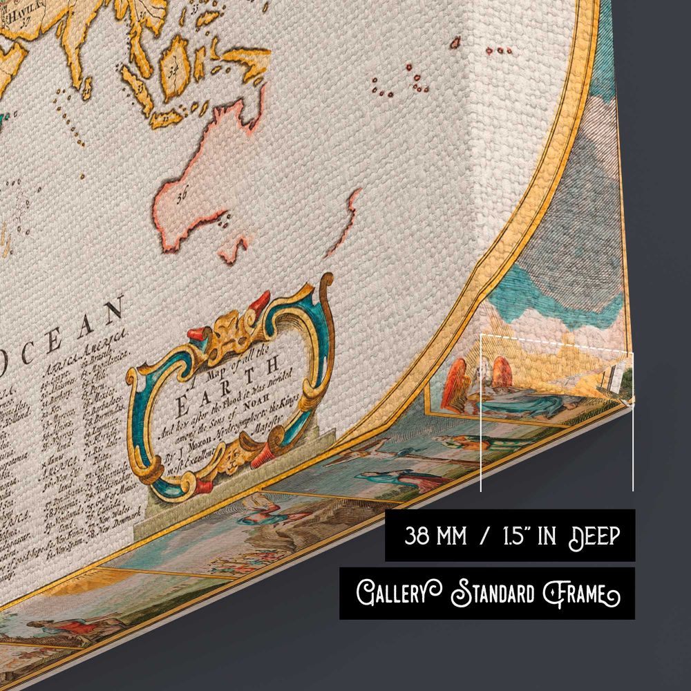 Decorative Map of the Earth 1681 canvas texture and wrapped edge closeup
