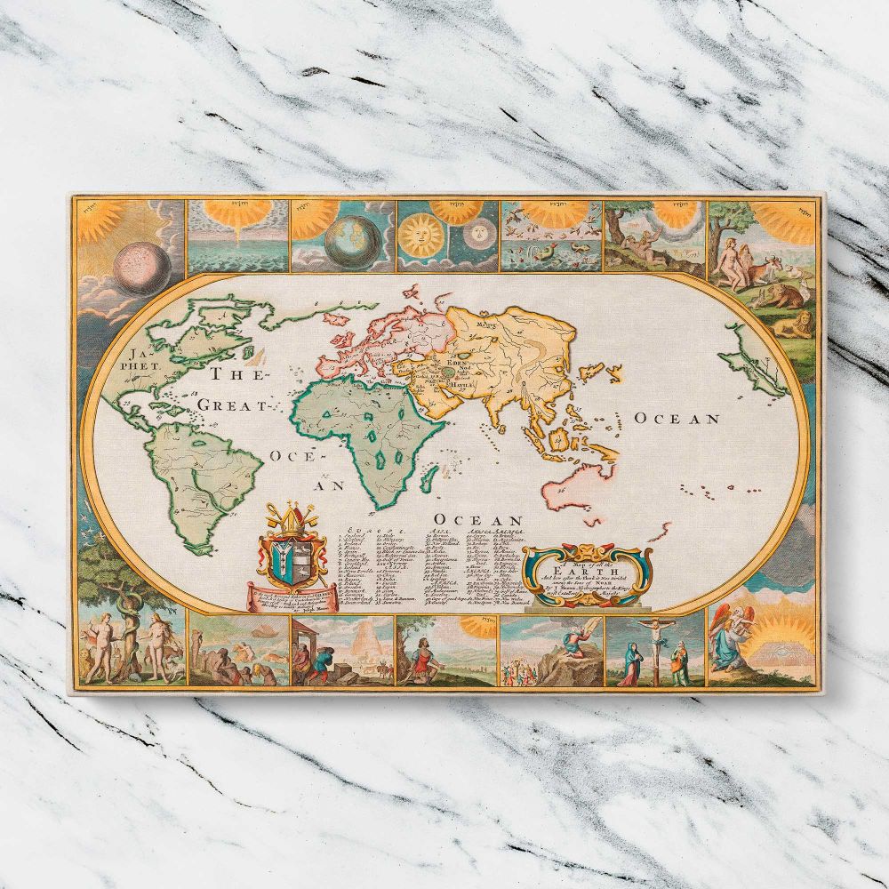 Decorative Map of the Earth 1681 canvas artwork displayed on a marble background