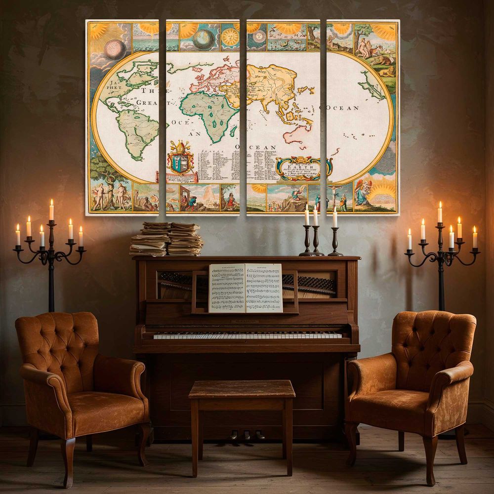 Decorative Map of the Earth 1681 canvas wall art in room setting 5