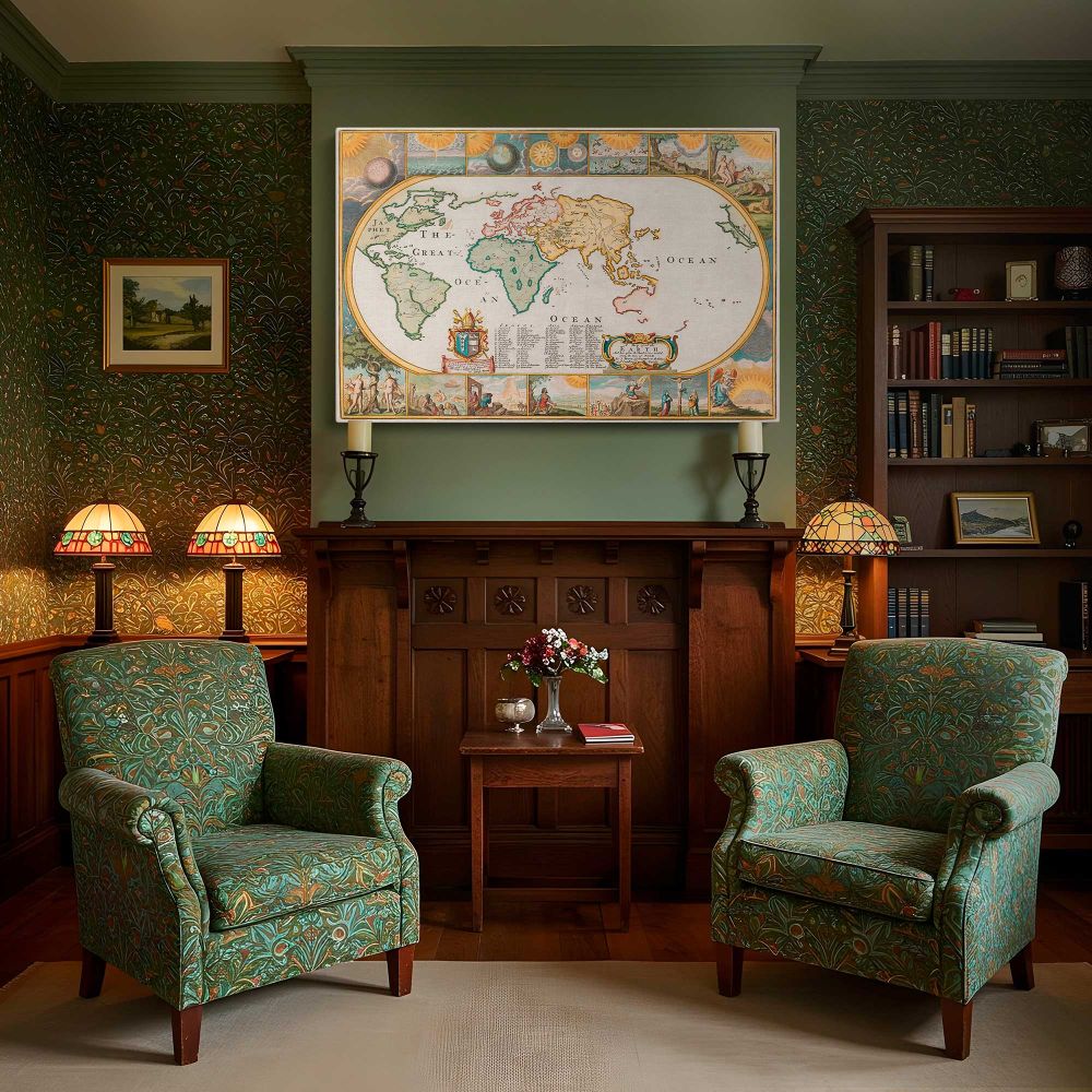 Decorative Map of the Earth 1681 canvas wall art in room setting 7