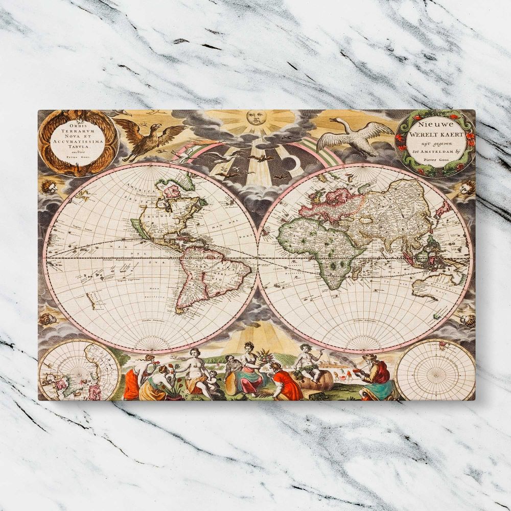Antique Double Hemisphere World Map canvas artwork displayed on a marble background