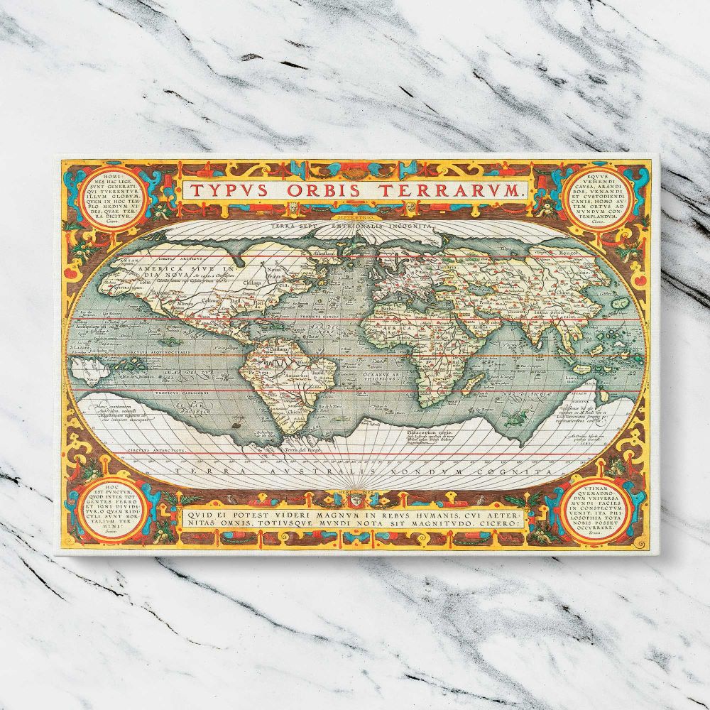 Typus Orbis Terrarum World Map canvas artwork displayed on a marble background