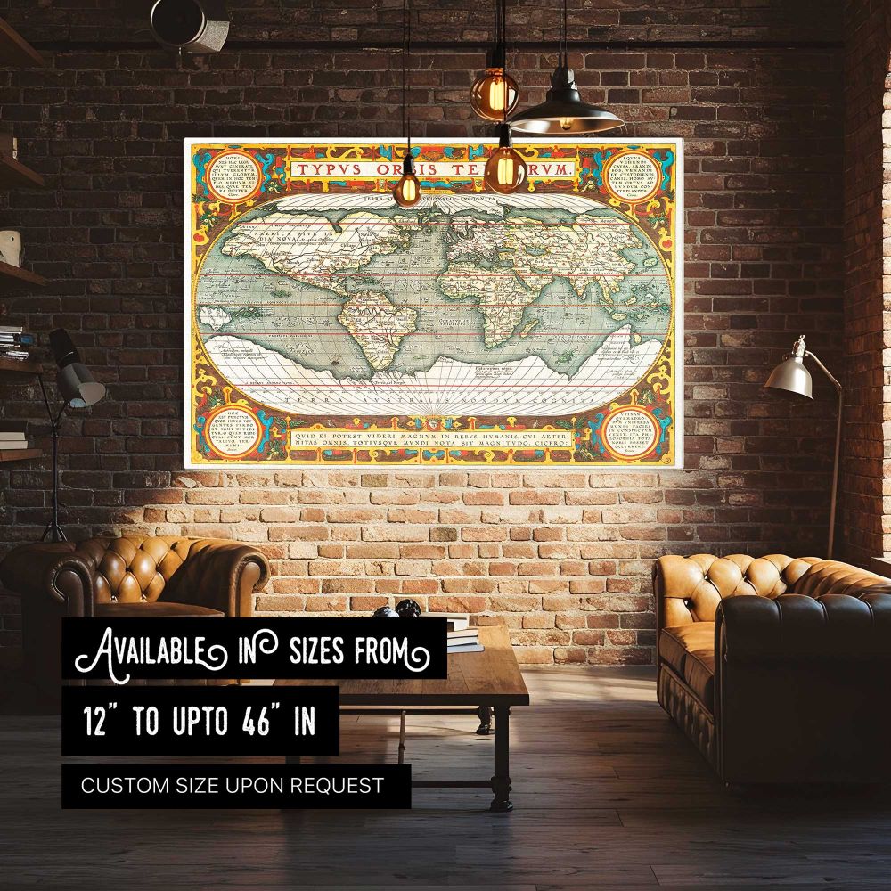 Typus Orbis Terrarum World Map canvas wall art in room setting 4
