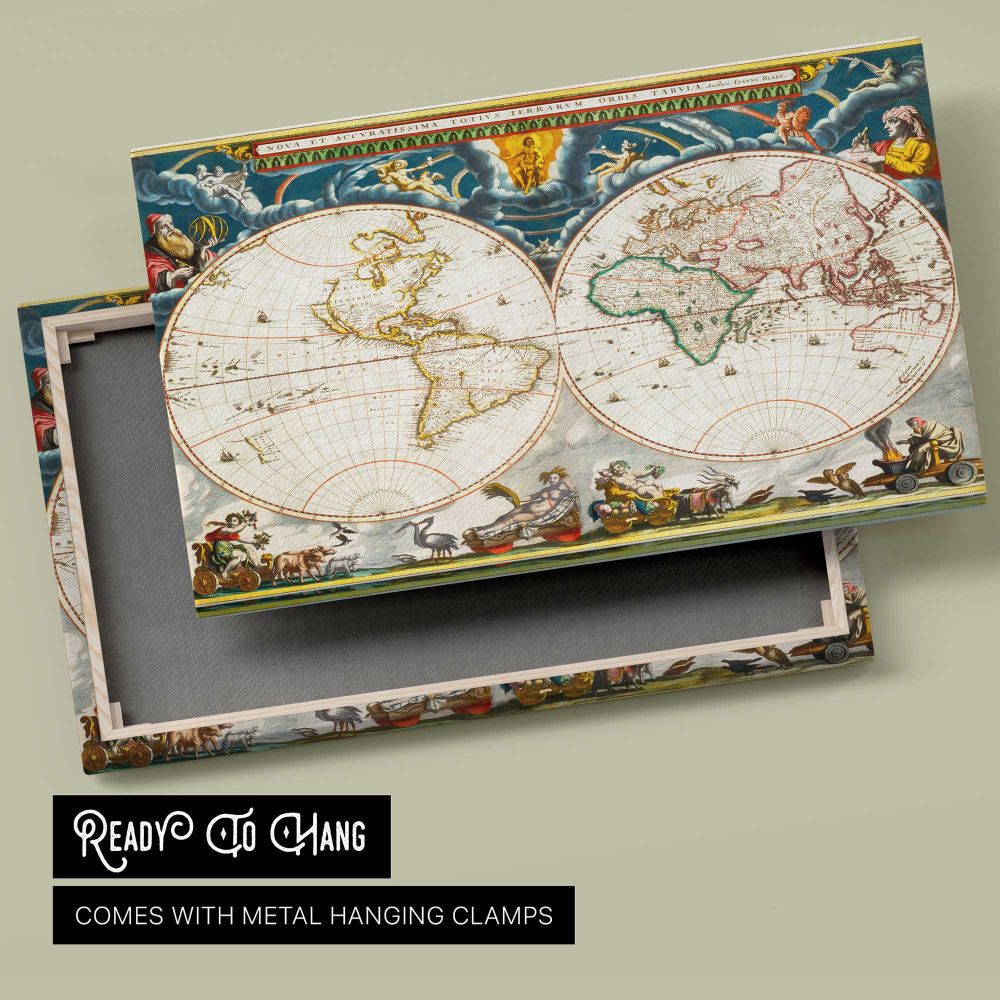 Decorative Double Hemisphere World Map canvas front and rear frame view