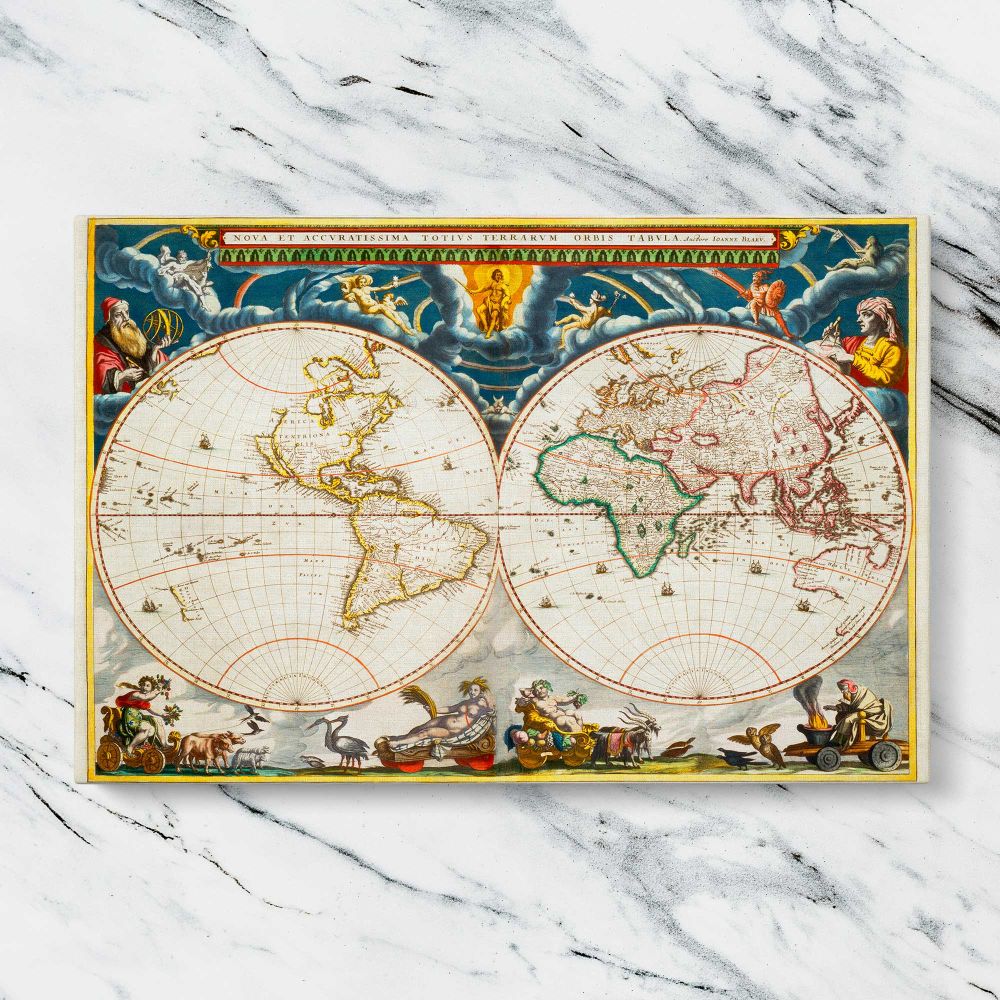 Decorative Double Hemisphere World Map canvas artwork displayed on a marble background