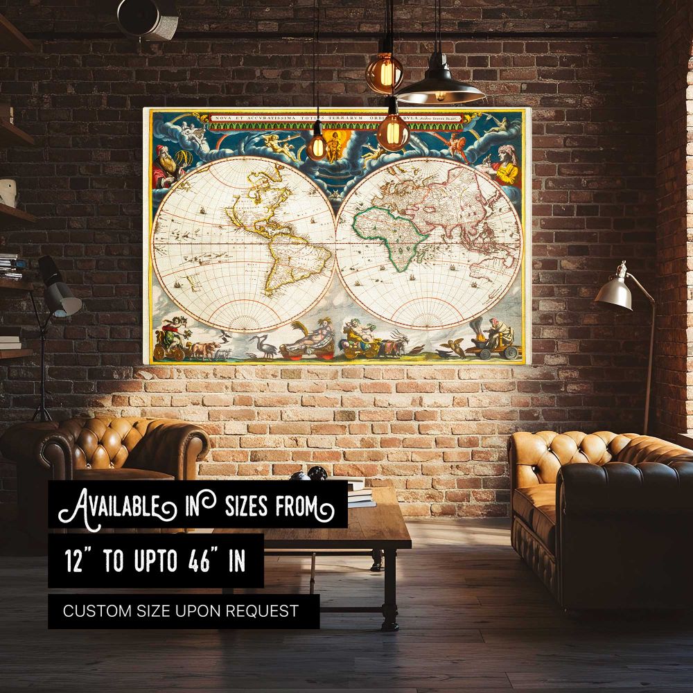 Decorative Double Hemisphere World Map canvas wall art in room setting 4