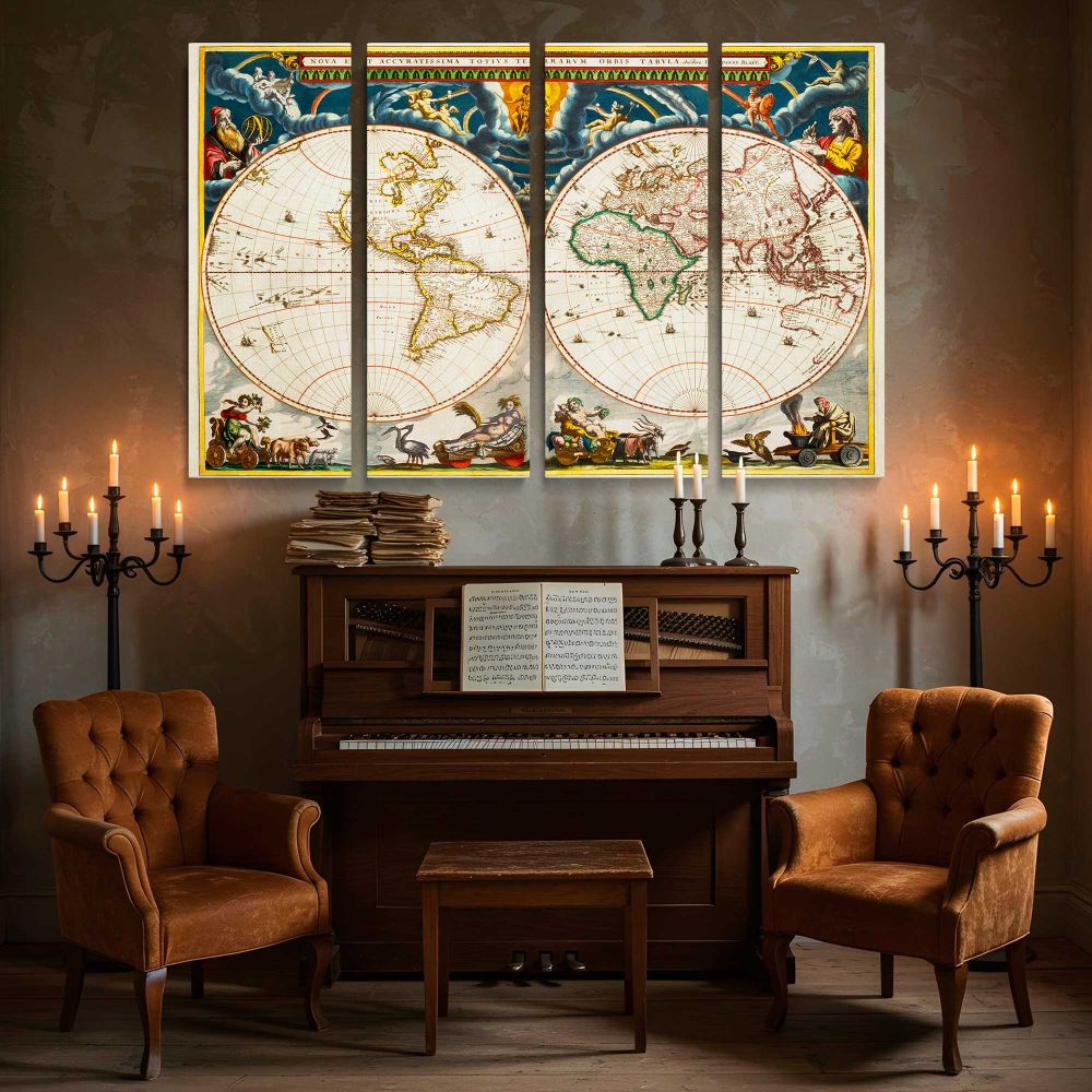 Decorative Double Hemisphere World Map canvas wall art in room setting 5