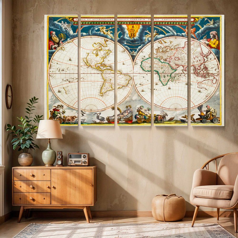 Decorative Double Hemisphere World Map canvas wall art in room setting 6