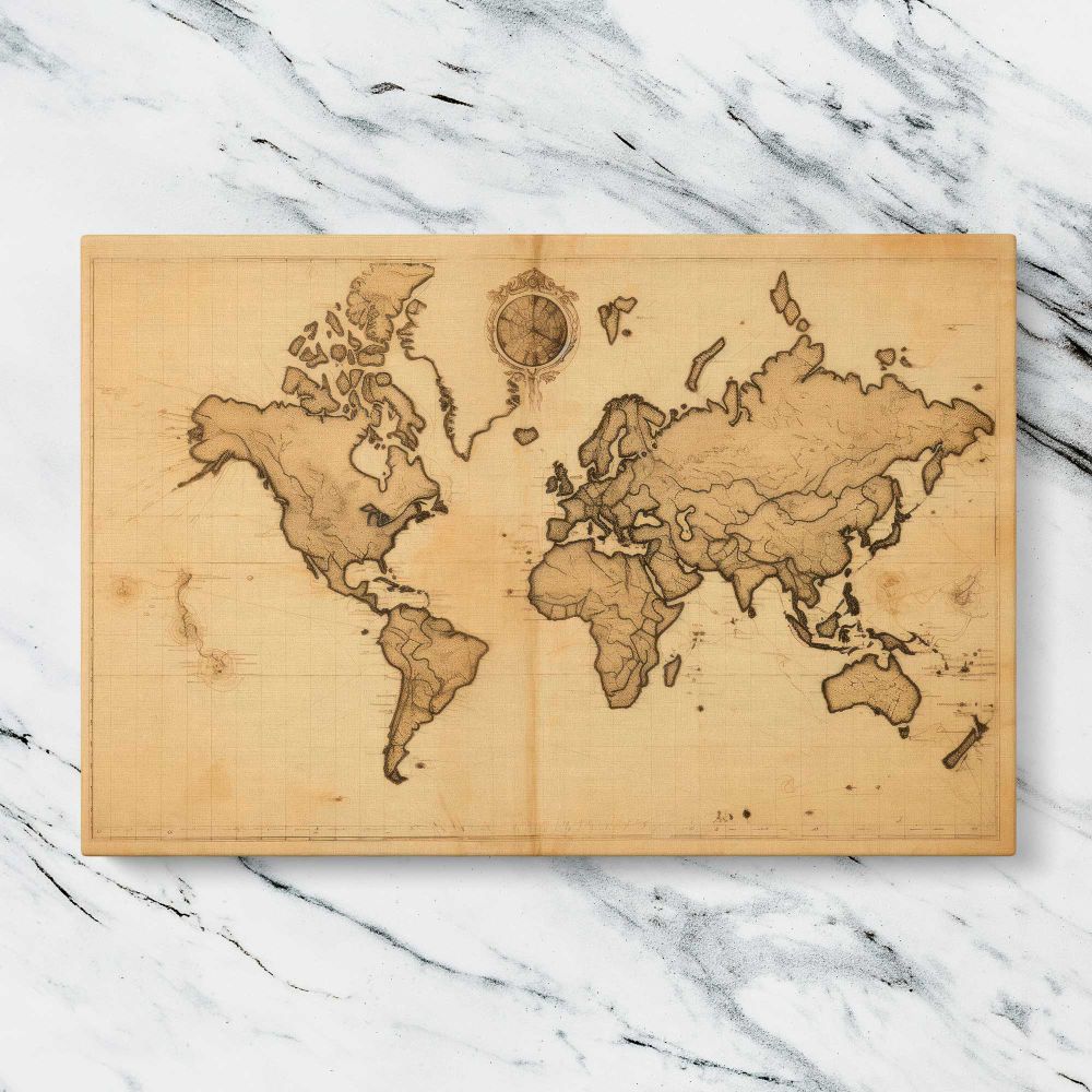 Sepia Antique World Map with Compass canvas artwork displayed on a marble background