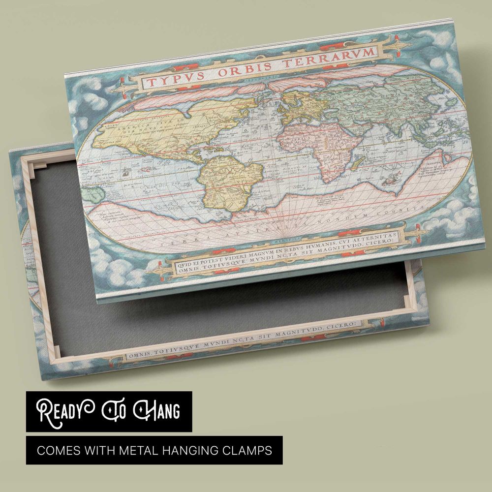 Theatrum Orbis Terrarum World Map canvas front and rear frame view