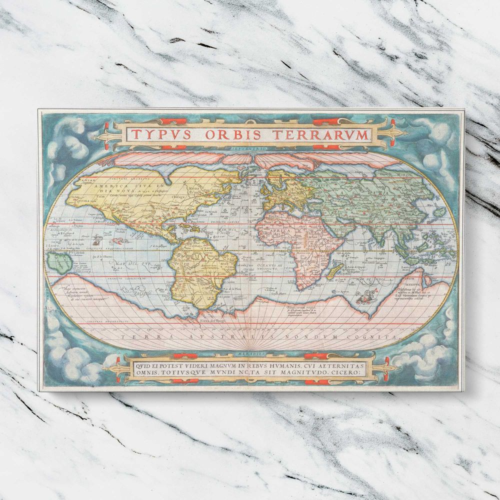 Theatrum Orbis Terrarum World Map canvas artwork displayed on a marble background