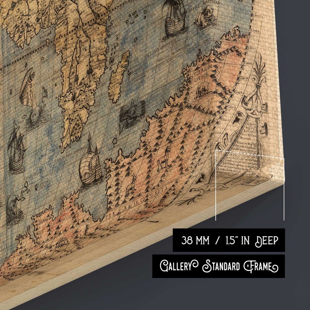 Antique World Map 1565 canvas texture and wrapped edge closeup