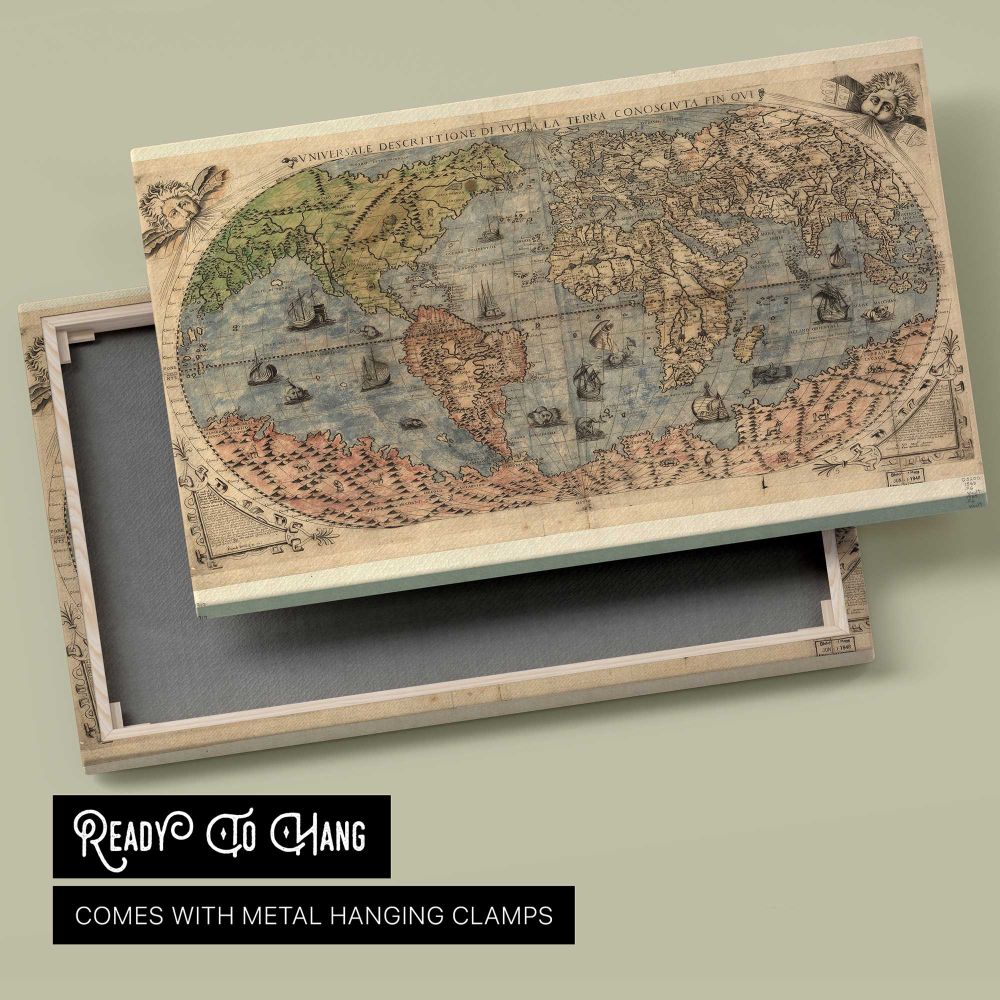 Antique World Map 1565 canvas front and rear frame view