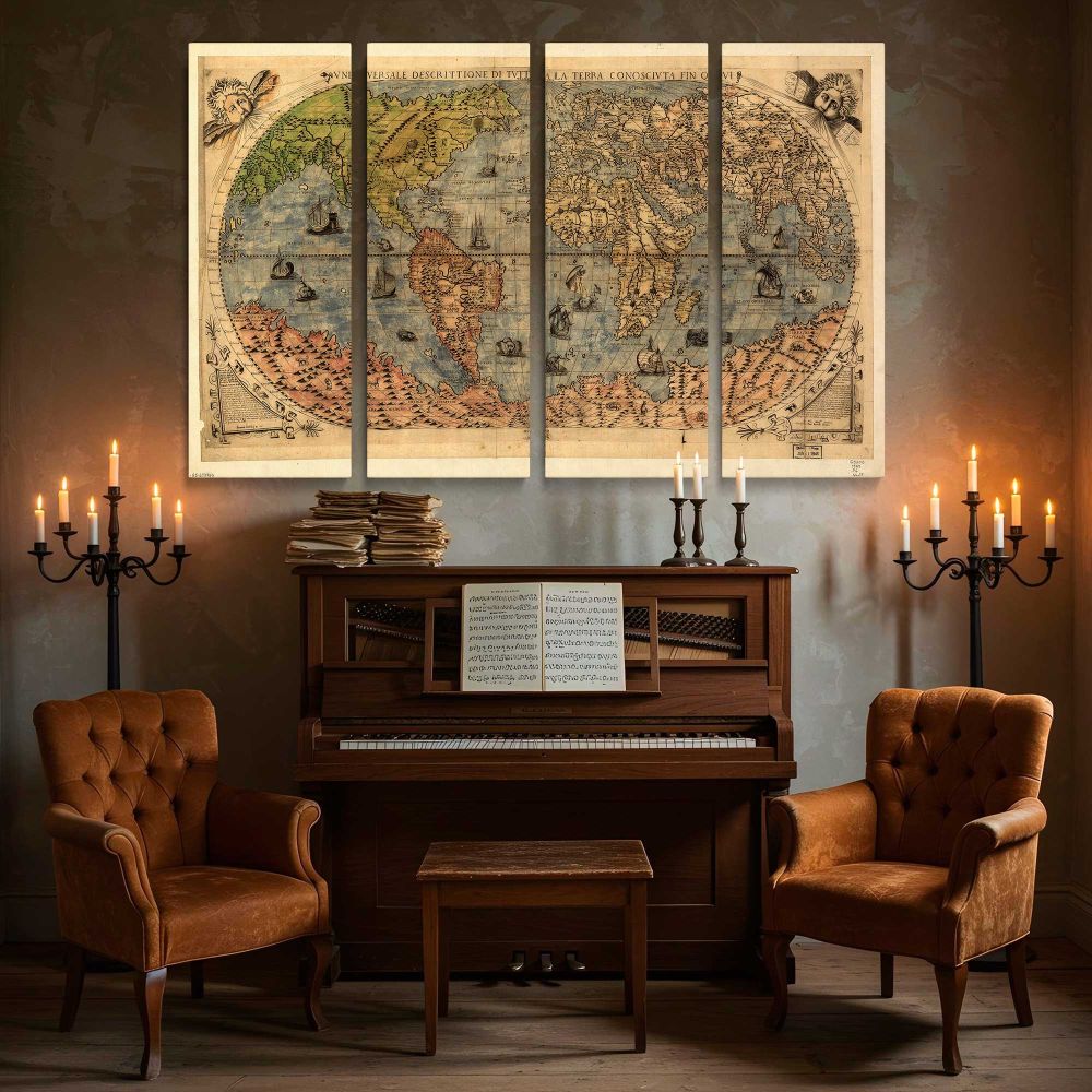Antique World Map 1565 canvas wall art in room setting 5