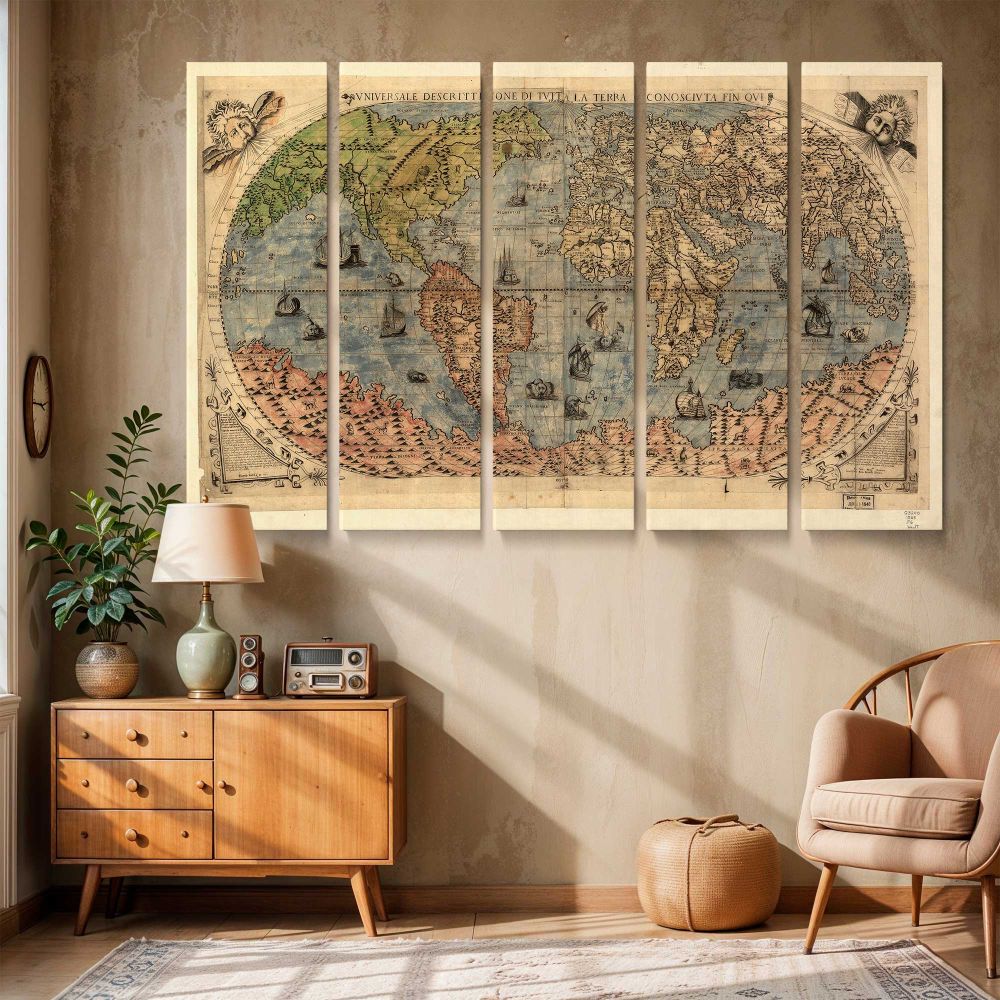 Antique World Map 1565 canvas wall art in room setting 6