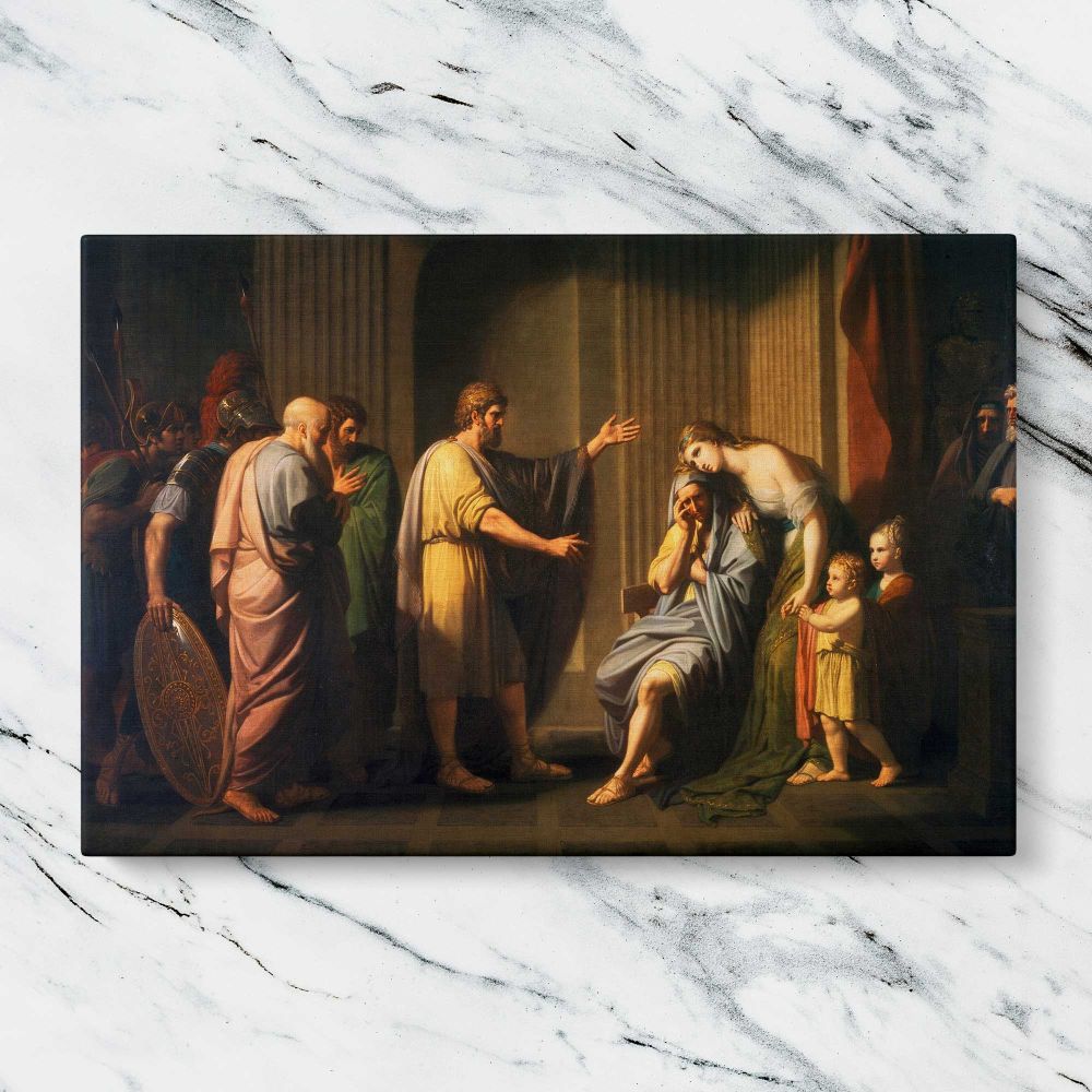 Cleombrotus Ordered into Banishment by Leonidas II King of Sparta canvas artwork displayed on a marble background