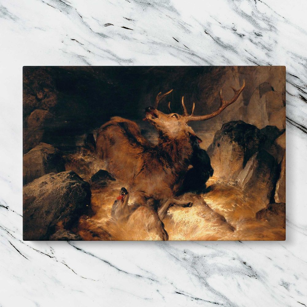 Deer and Deer Hounds in a Mountain Torrent canvas artwork displayed on a marble background