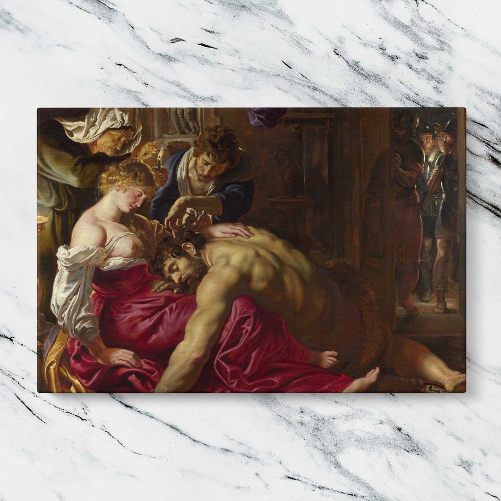 Sleeping Man and Woman in a Classical Interior canvas artwork displayed on a marble background