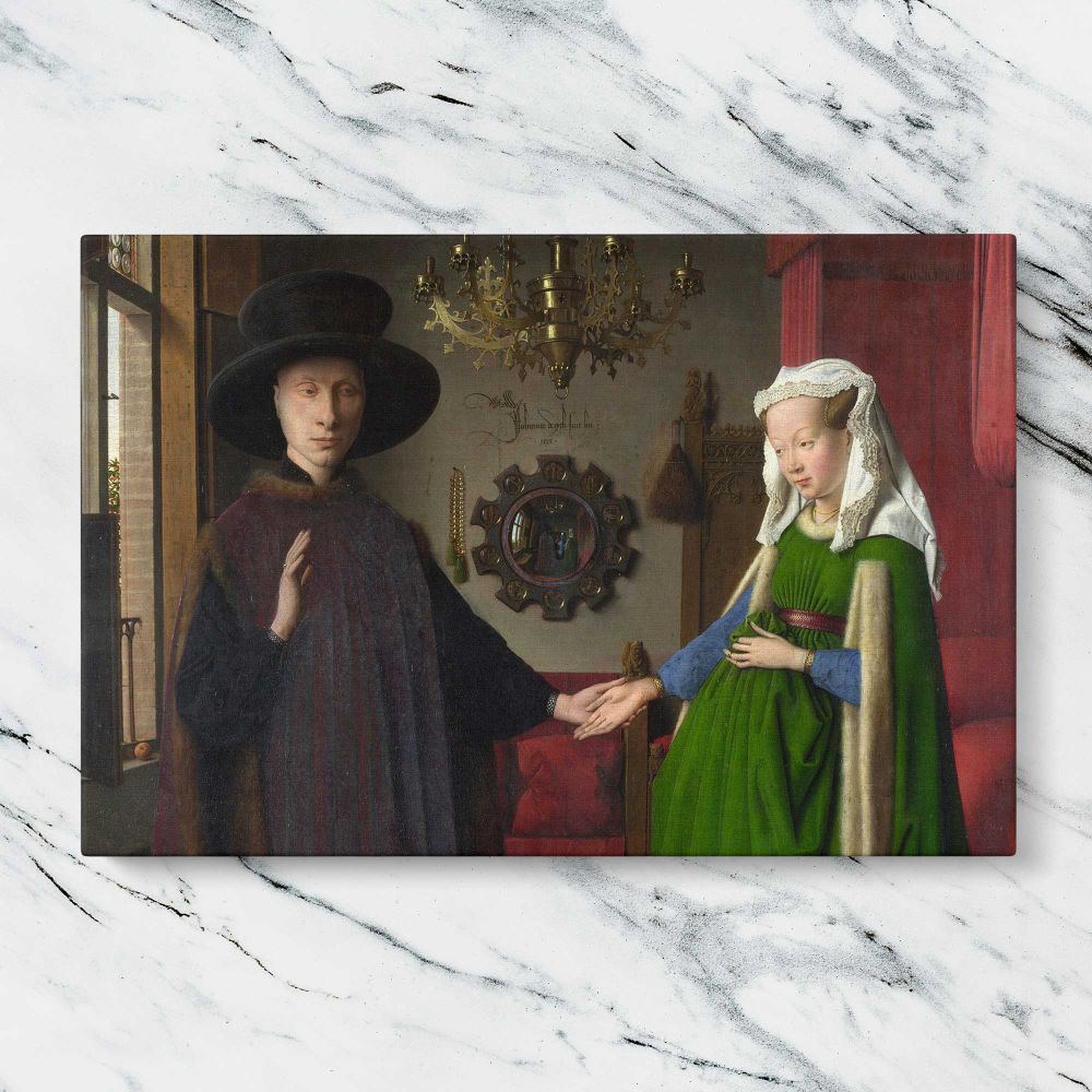 Renaissance Couple in a Domestic Interior canvas artwork displayed on a marble background