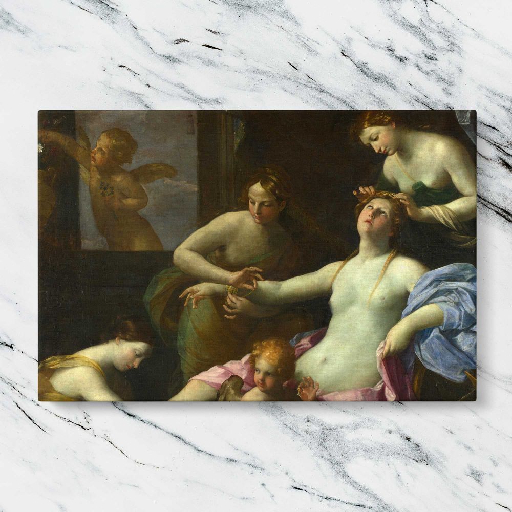 Classical Women beneath an Ornate Canopy canvas artwork displayed on a marble background