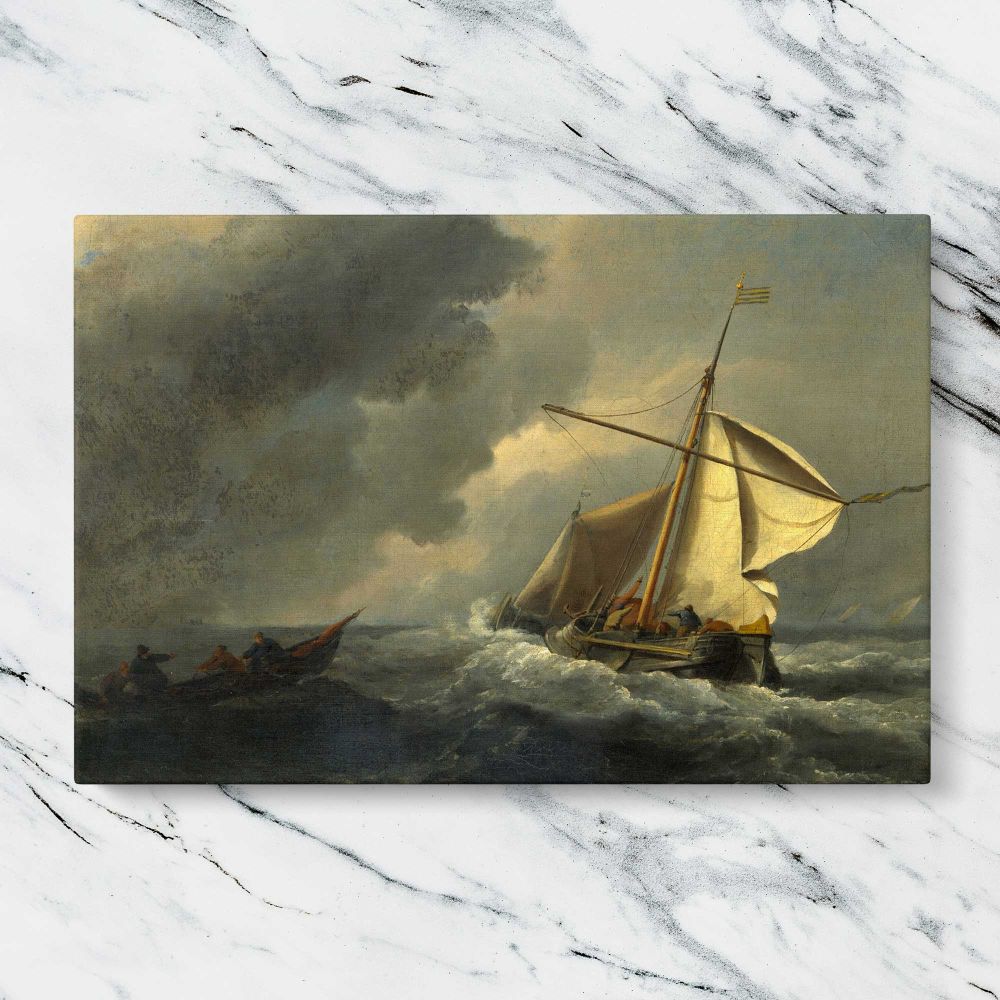 Sailing Boat beneath Storm Clouds canvas artwork displayed on a marble background