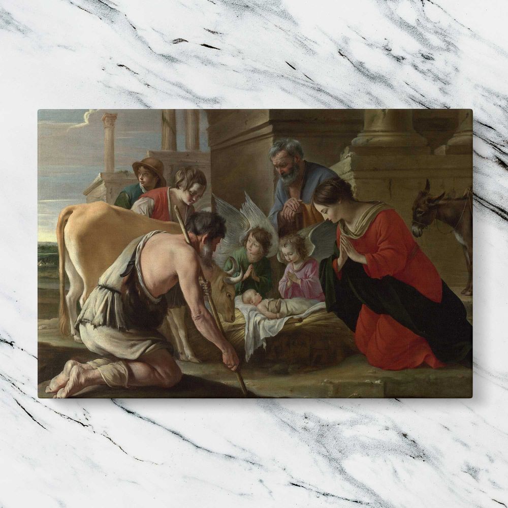 Adoration of the Shepherds in a Classical Setting canvas artwork displayed on a marble background