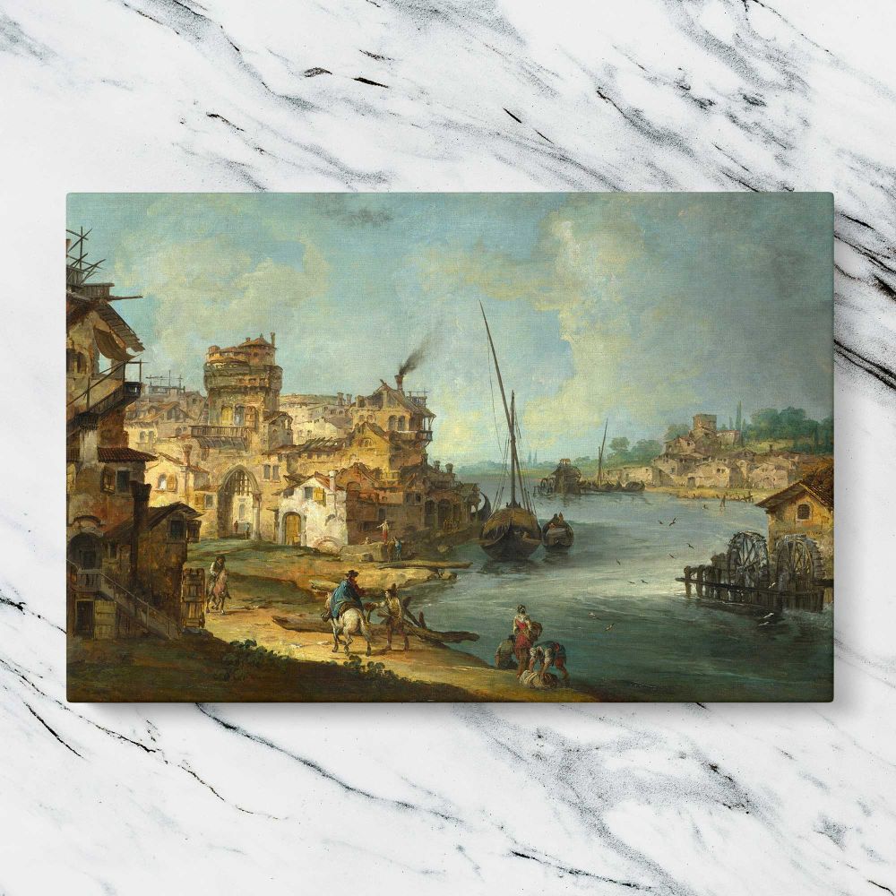 Historic River Town and Boats canvas artwork displayed on a marble background